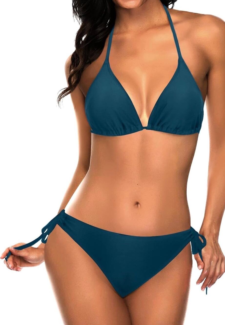 Tempt Me 2 Piece Triangle Bikini Side Tie Halter Spaghetti Strap Blue XS